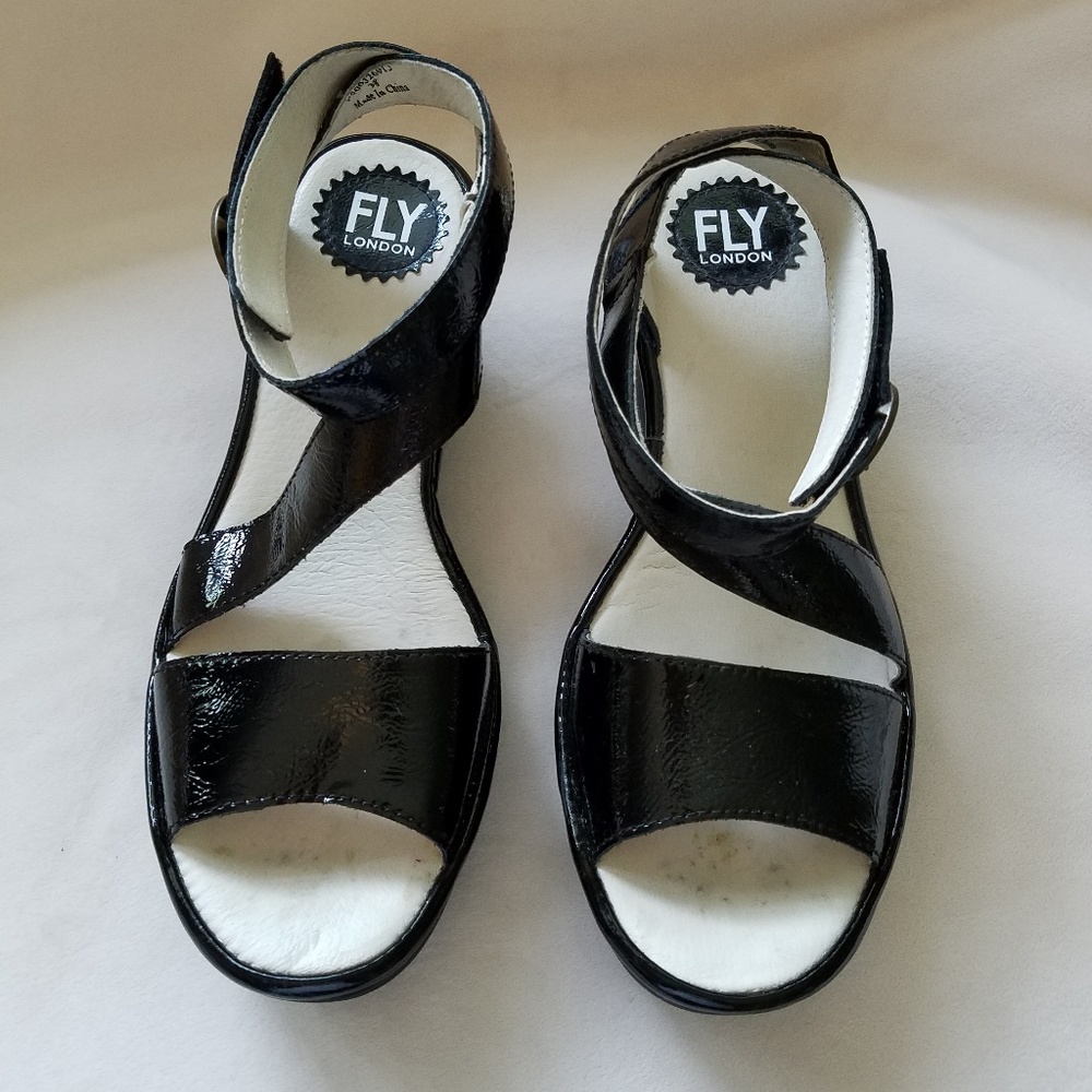 Fly London Black Patent Leather Sandals - Size 8